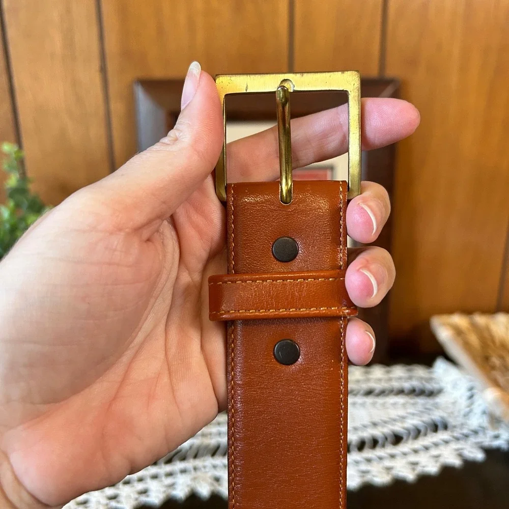 Vintage Solid Brass Buckle‎ Leather Belt, Brown Casual Belt, Women's or Men's